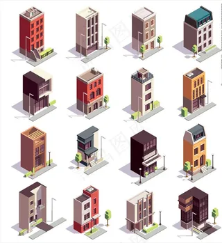 立体等距建筑物矢量插画图片