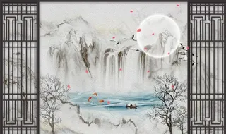 中式框山水玄关屏风背景底纹素材图片