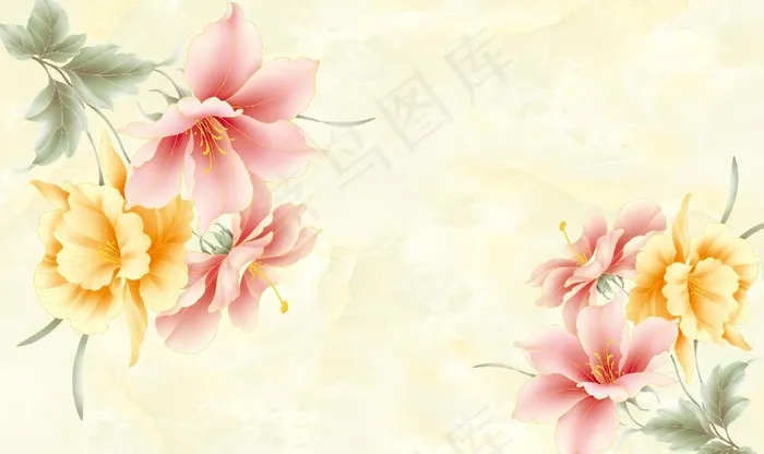 手绘百合牡丹花大理石纹背景墙图片(9071X5669(DPI:72))psd模版下载