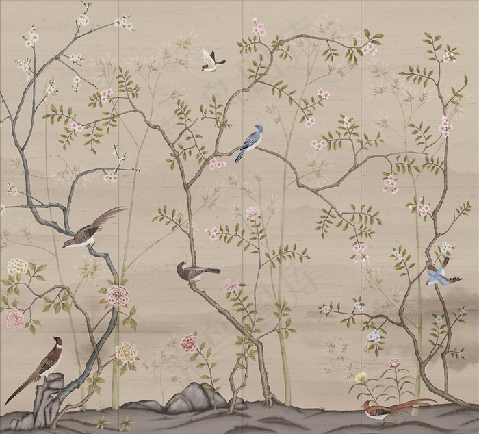 大型中式山水花鸟背景壁画图片