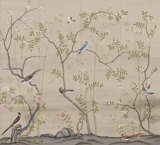 大型中式山水花鸟背景壁画图片