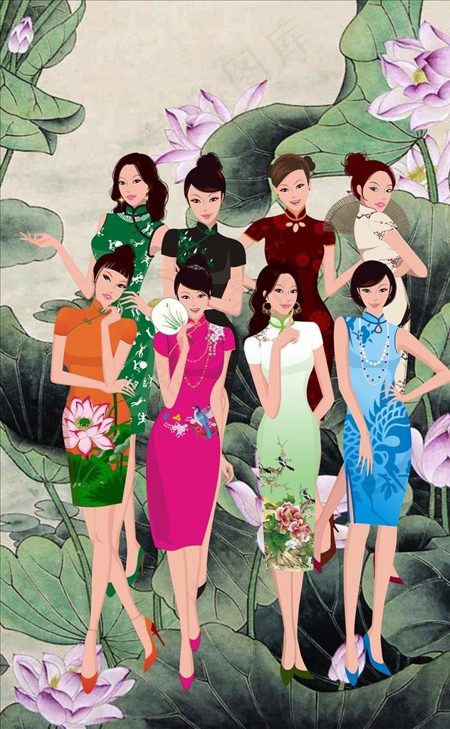手绘矢量旗袍服饰美女图图片cdr矢量模版下载