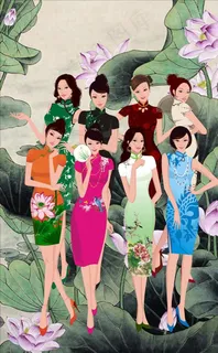 手绘矢量旗袍服饰美女图图片