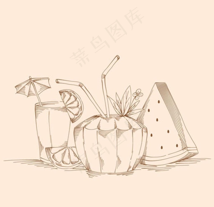 手绘西瓜柠檬椰子汁图片