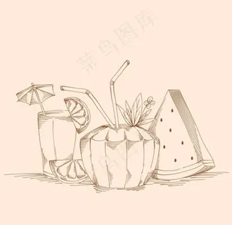 手绘西瓜柠檬椰子汁图片