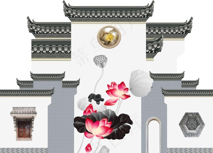 新中式徽派建筑荷花背景墙图片(9071X6803(DPI:72))psd模版下载