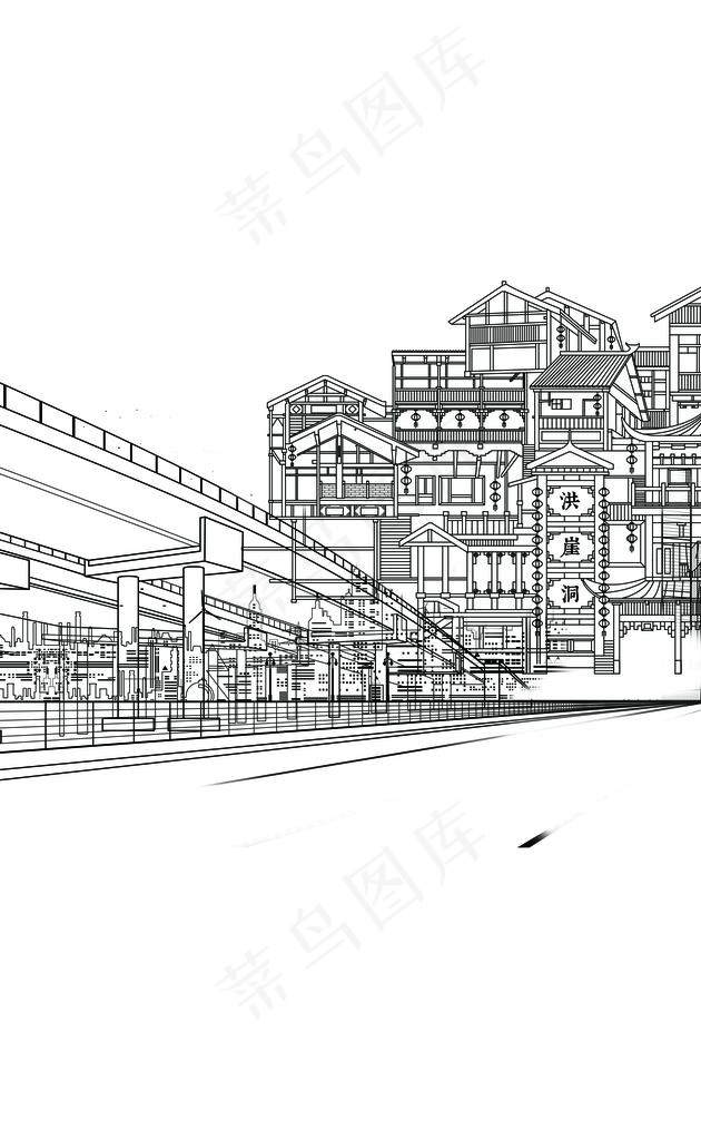 重庆地标建筑线条矢量图洪崖洞图片(6463X10004(DPI:300))psd模版下载