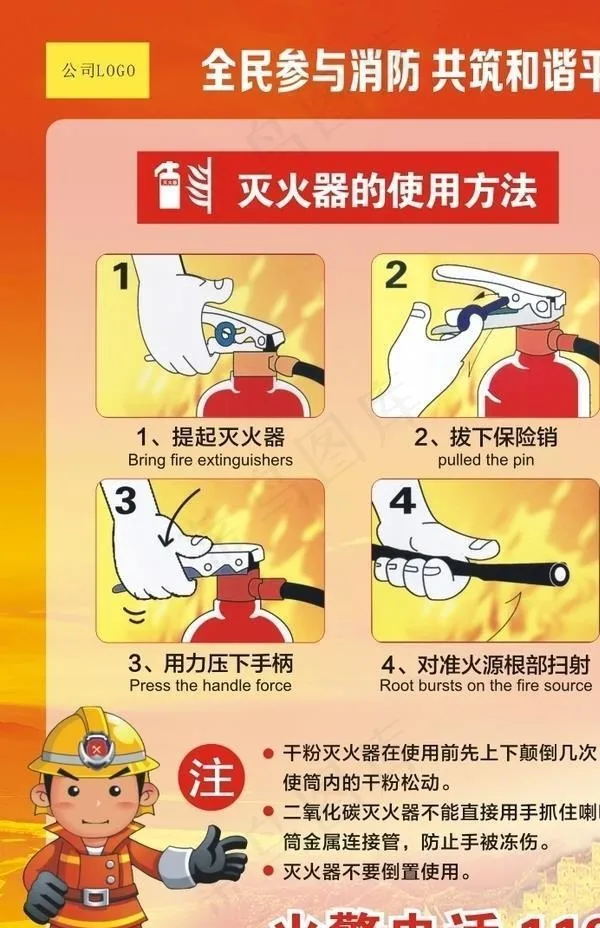 消防灭火器的使用方法图片cdr矢量模版下载