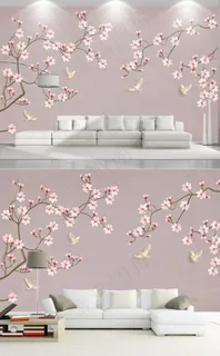 现代手绘新中式工笔花鸟背景墙图片