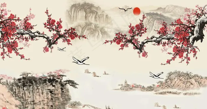 梅花水墨山水背景图片(14173X7937(DPI:72))psd模版下载