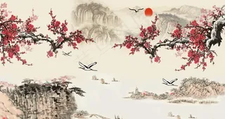 梅花水墨山水背景图片