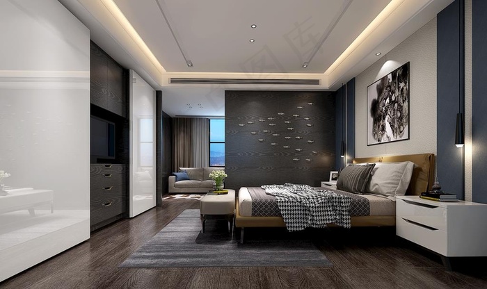 现代简约卧室效果图3D模型图片