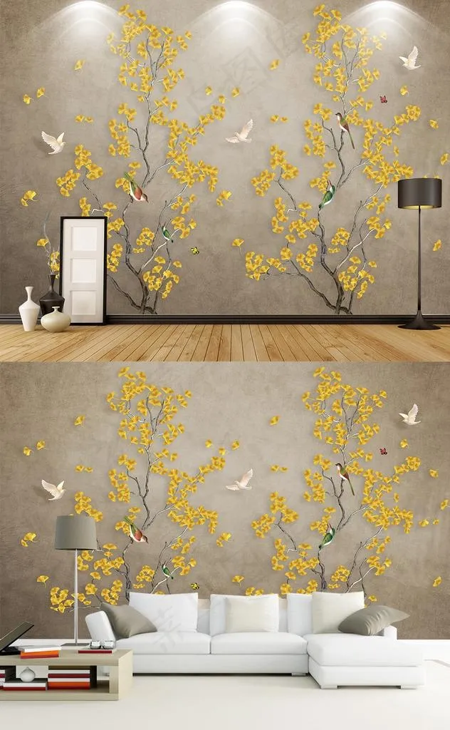 现代手绘新中式工笔花鸟背景墙图片(8504X5669(DPI:72))psd模版下载