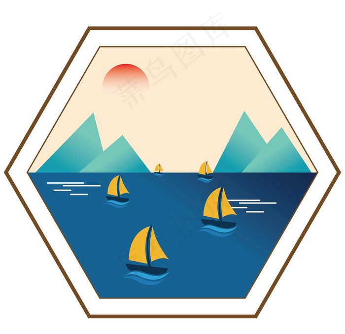 六边形窗格山水装饰画图片ai矢量模版下载