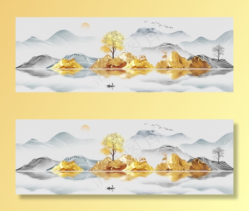 新中式金色水墨意境山水装饰画图片