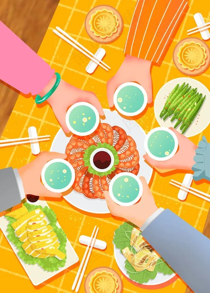 团圆插画 聚餐插画图片(3543X4724(DPI:150))psd模版下载