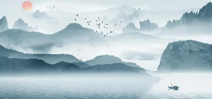 中国风意境水墨山水图片(4000X2000(DPI:150))psd模版下载