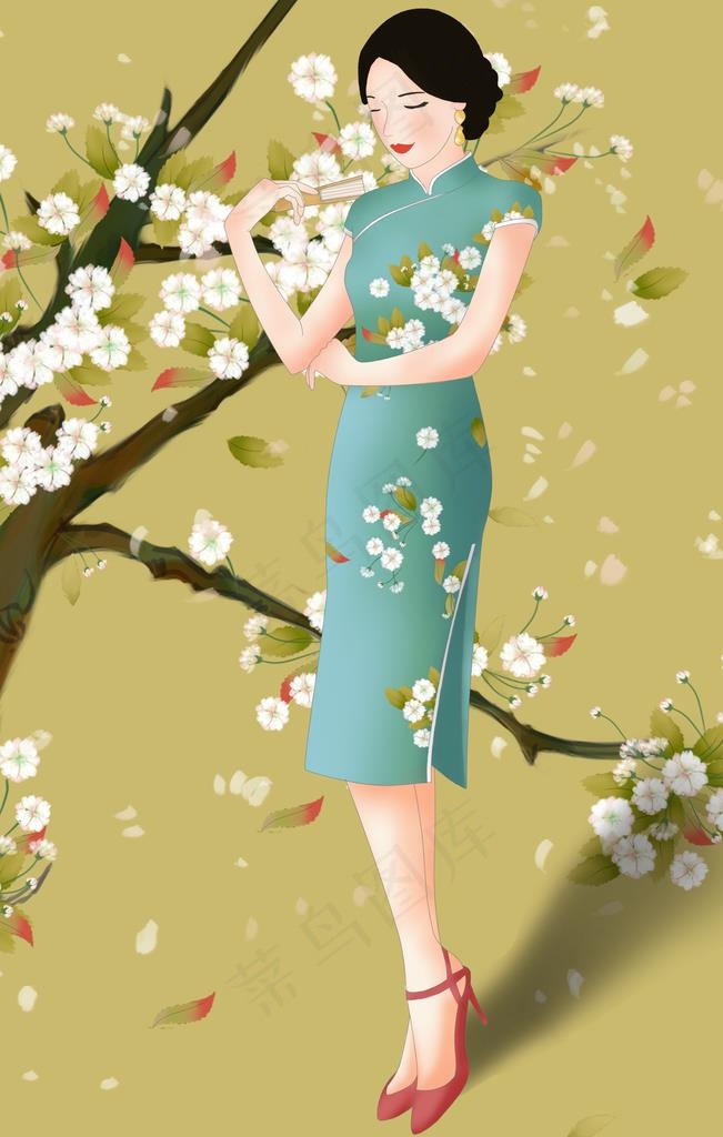 旗袍女性人物插画卡通背景素材图片(1701X2551(DPI:300))psd模版下载