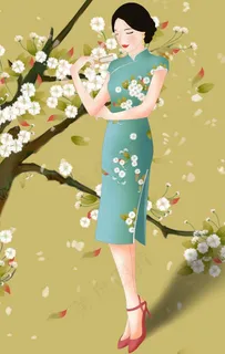 旗袍女性人物插画卡通背景素材图片