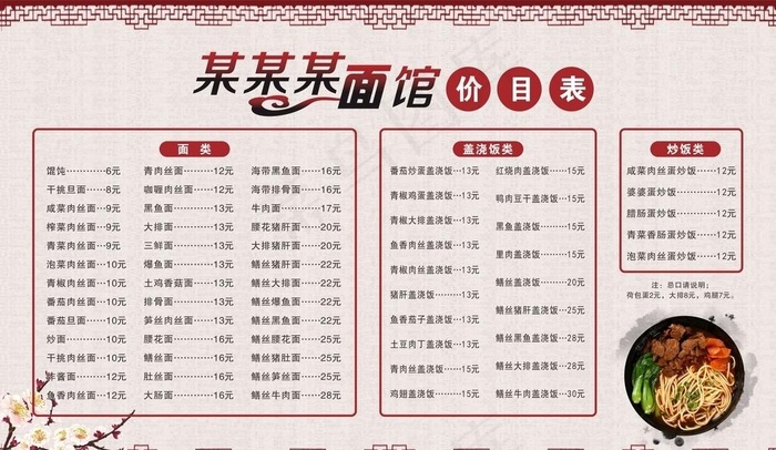 面馆价格表图片