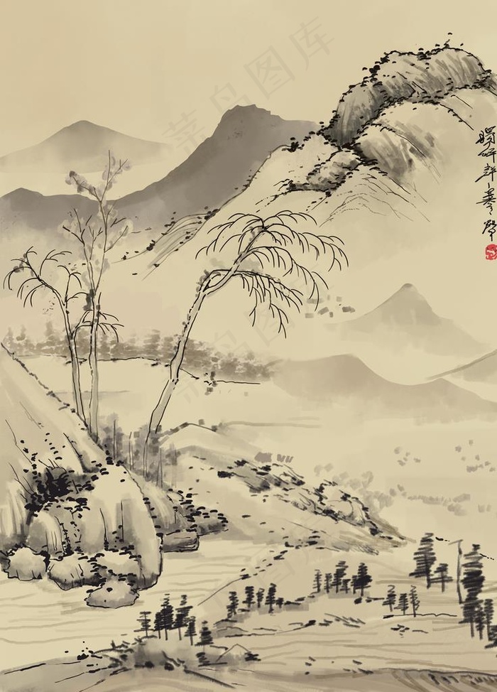 水墨山水图片(3543X4724(DPI:150))psd模版下载