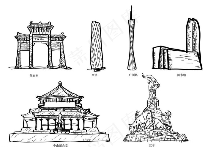 广州地标建筑手绘图图片