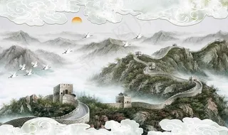 长城图背景墙大理石水墨图片
