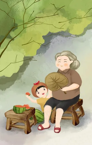夏季乘凉人物老奶奶插画背景素材图片