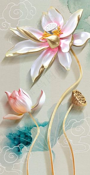 荷花玉雕木雕玄关背景图片