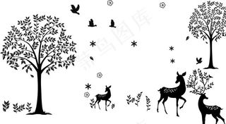 树矢量图 雪花鹿 小鸟图片