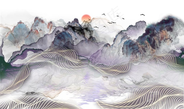 山水画背景墙图片psd模版下载