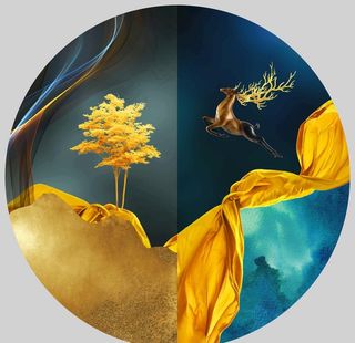 新中式金色丝绸麋鹿装饰画图片