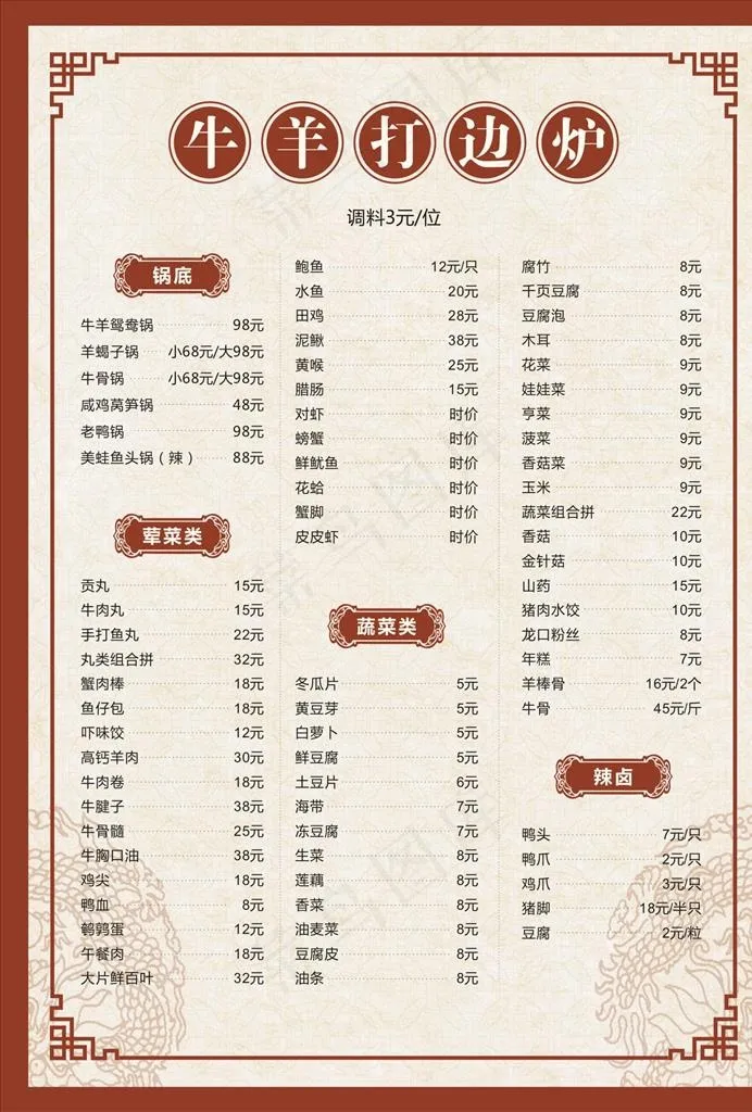 打边炉 价目表图片cdr矢量模版下载