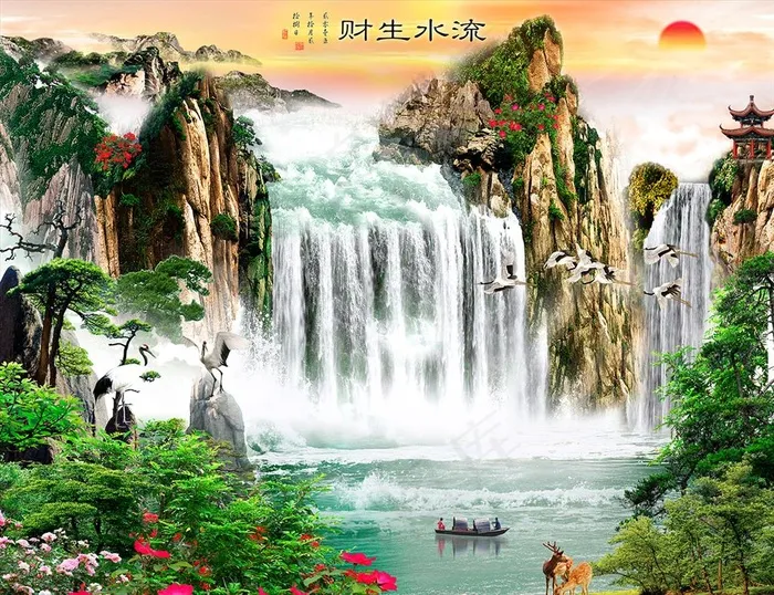 唯美瀑布山水流水生财装饰画电视图片(8504X6803(DPI:72))psd模版下载