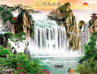 唯美瀑布山水流水生财装饰画电视图片