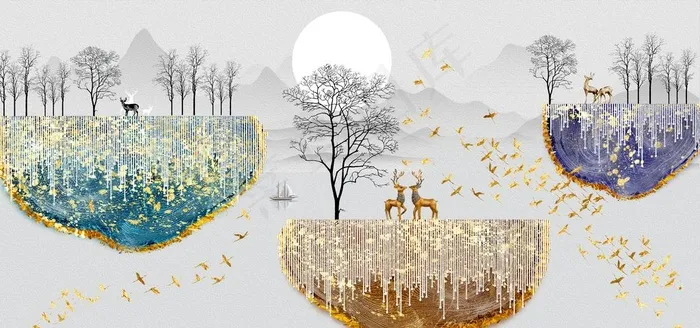 新中式鎏金金箔意境山水装饰画图片