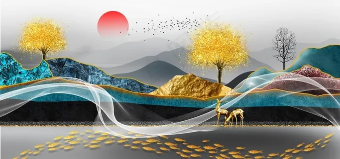 新中式线条飘带金色山水装饰画图片 新中式线条飘带金色山水装饰画图片