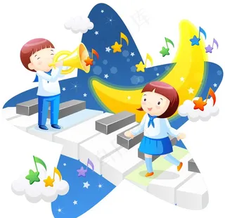 月亮 钢琴 小学生矢量图图片