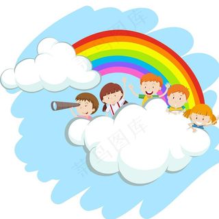 卡通人物快乐的孩子在彩虹上玩耍图片