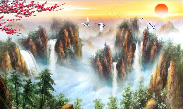 新中式山水瀑布国画电视背景墙图片