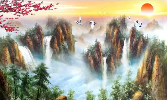 新中式山水瀑布国画电视背景墙图片 新中式山水瀑布国画电视背景墙图片