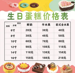 蛋糕房价目表图片