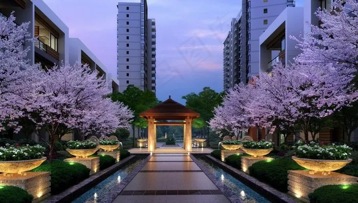 高档住宅小区花园樱花图片(4000X2400(DPI:72))psd模版下载