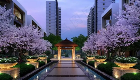 高档住宅小区花园樱花图片 高档住宅小区花园樱花图片
