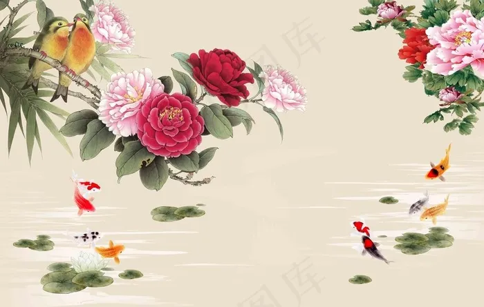 九鱼牡丹背景墙图片(10205X6803(DPI:72))psd模版下载