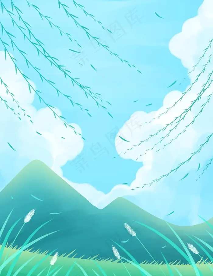 卡通手绘蓝色植物风景插画背景图片(3543X4724(DPI:150))psd模版下载