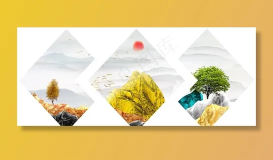 新中式意境金色山水日出装饰画图片 新中式意境金色山水日出装饰画图片