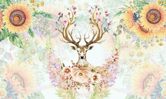 北欧现代鹿头花卉背景墙图片