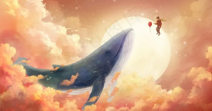 鲸鱼天空梦幻插画卡通背景图片(3674X2041(DPI:300))psd模版下载