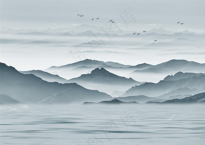 新中式抽象山水小鸟电视背景墙图片(10488X7795(DPI:72))psd模版下载